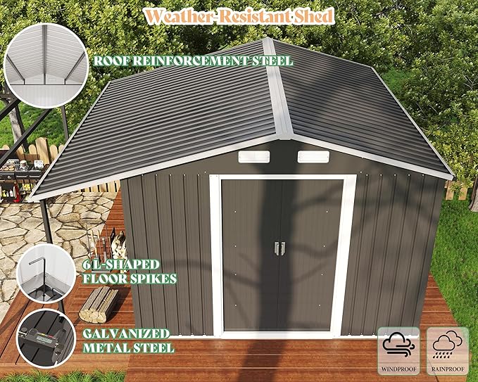 AMERLIFE 10.6x10.3x6.3 FT Galvanized Metal Storage Shed with Open Firewood Storage Area, Sliding Doors & Ramp, 2 Windows & Vents, Weather-Resistant Outdoor Tool/Garden Shed, Dark Gray