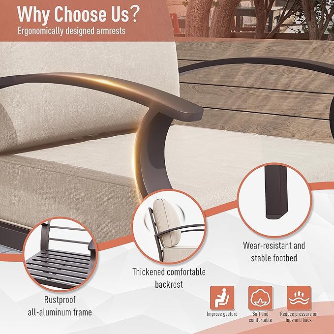 Kurapika Aluminum Patio Furniture Set 7-Seat Modern Metal Outdoor Conversation Sets w/Swivel Rocking Chairs Patio Sectional Sofa w/5.1 Inch Cushion, Sand