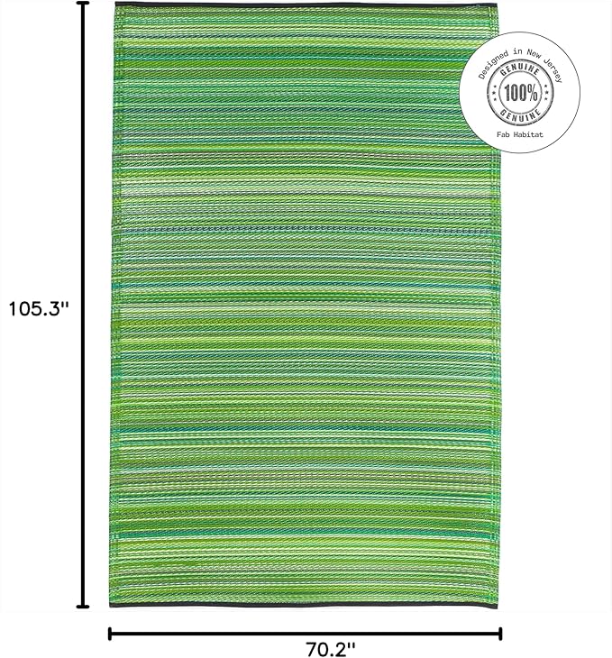 Fab Habitat Outdoor Rug - Waterproof, Fade Resistant, Crease-Free - Premium Recycled Plastic - Striped - Large Patio, Deck, Sunroom, Camping, RV - Cancun - Green - 6 x 9 ft
