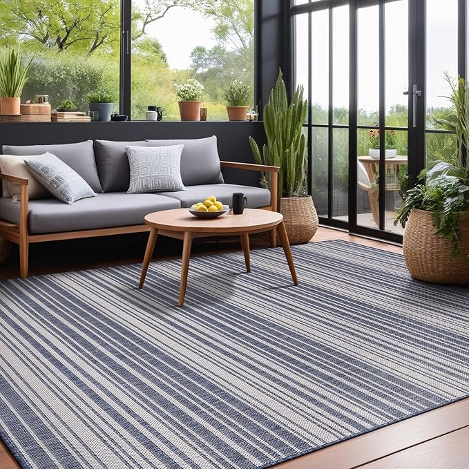 Stripe Outdoor Rug 10x14 Washable Outside Carpet for Indoor Patio Porch Waterproof Easy Cleaning Non Shedding Area Rugs Blue 10 x 14