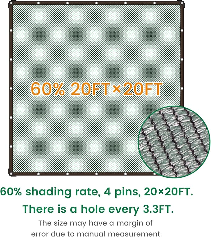 60% 20 X 20 FT Green Shade Cloth, Outdoor Woven Sun Shade with Grommets, Durable Breathable Netting Shading Antifreezing for Patio, Garden, DIY Home, Plants Cover, Greenhouse, Dog Kennel