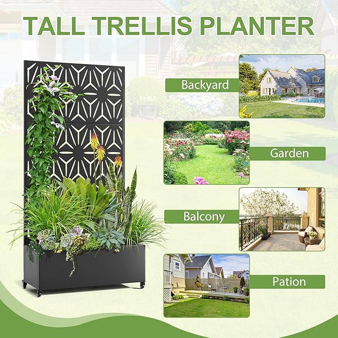 Raised Garden Bed with Trellis and Wheels,73"x35"x16" Metal Raised Garden Bed,Black Star Metal Planter with Climbing Trellis for Vines & Vegetables