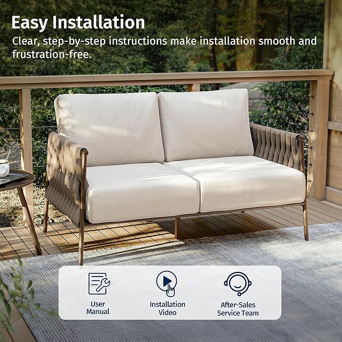 EAST OAK Outdoor Furniture | Life Chatter Loveseat | 2 Seater Sofa with 6.7" Thick Washable Cushions | Deep Seating Patio Furniture for Garden, Porch, Balcony & Backyard | Chestnut & Apricot