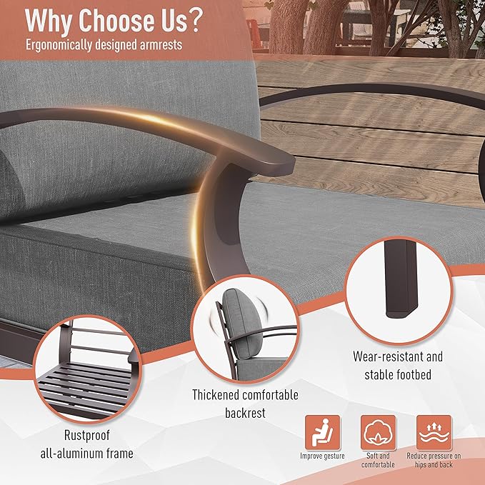 Kurapika Aluminum Patio Furniture Set 9-Seat Modern Metal Outdoor Conversation Sets w/Swivel Rocking Chairs Patio Sectional Sofa w/5.1 Inch Cushion, Grey