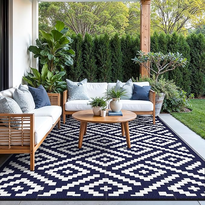 GENIMO Outdoor Rug for Patio Clearance,6'x9' Waterproof Mat,Reversible Plastic Camping Rugs,Rv,Deck,Porch,Camper,Balcony,Backyard (Navy Blue & White)