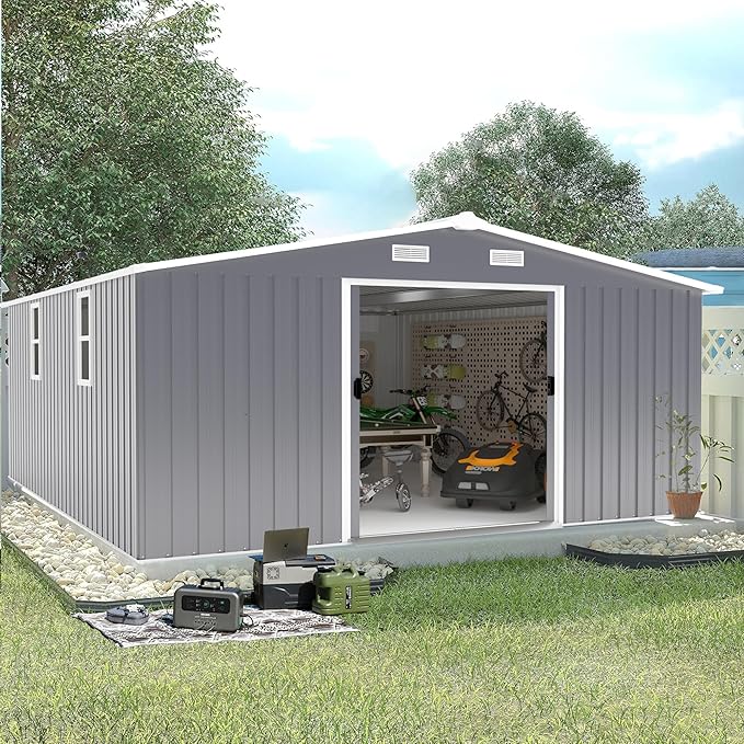 KEIKI 10'x12' Metal Storage Shed, Outdoor Garden Shed with 2 Doors & 2 Windows - Heavy-Duty Steel Construction, Includes Foundation Kit - Ideal for Backyard, Patio, Lawn Storage - Dark Gray
