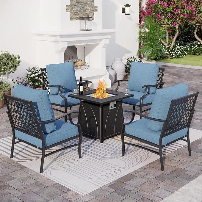 5 Piece Metal Outdoor Patio Furniture Set with Fire Pit Table, Patio Conversation Sets 4 Fixed Chairs with 5.75" Thick Cushion and 5000 BTU Fire Pit Table, Backyard Furniture, Navy
