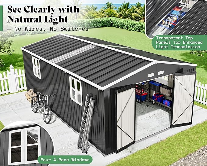 AMERLIFE 12x20x7.2 FT Metal Storage Shed with 2 Transparent Panels, Outdoor Tool Shed with Hinged Double Doors, Windows & Vents, Reinforced Steel Frame for Backyard Garden, DIY Workshop, Dark Gray