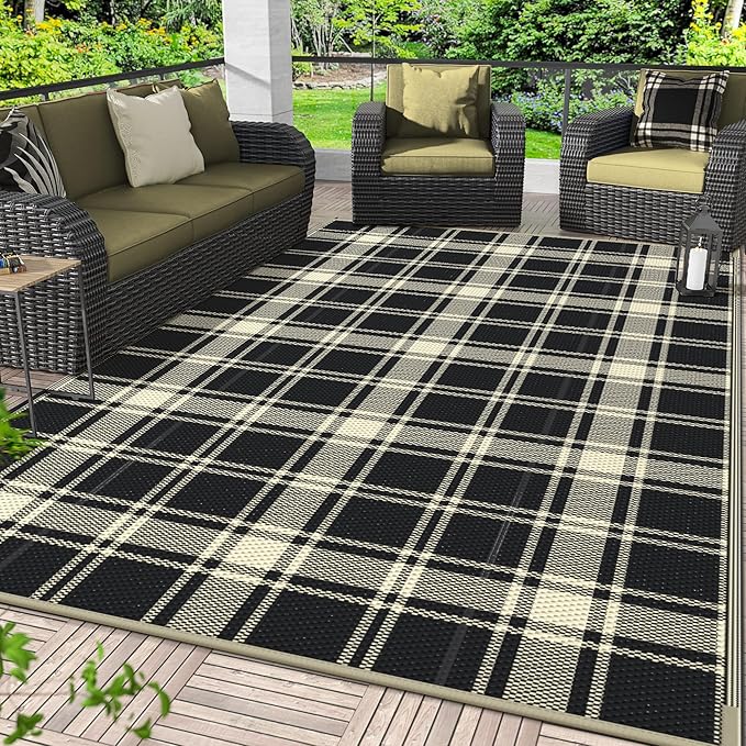 GENIMO Waterproof Outdoor Rug for Patio Clearance, 8'x10' Reversible Plastic Straw Rugs, Lightweight RV Camping Mat for Camper, Balcony, Deck, Backyard, Picnic, Black & Beige
