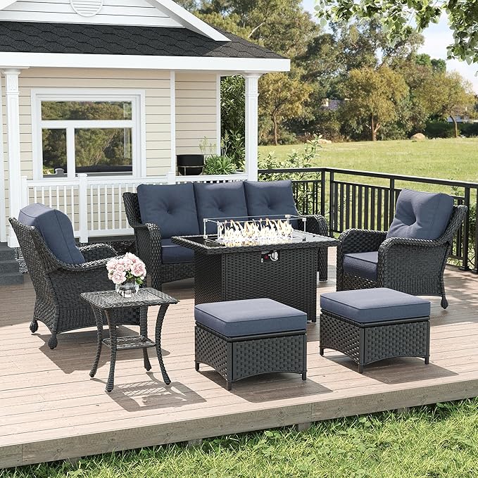 LayinSun 7 Piece Wicker Outdoor Furniture Set with 6-inch Comfy Cushions, High Back Patio Furniture Set with Rattan Armchairs and Fire Pit Table