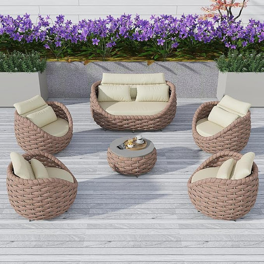 Aluminum Outdoor Patio Furniture Set with Coffee Table, 6 Piece Patio Conversation Sets with Washable Cushions Covers, Patio Sectional Furniture Set for Porch, Balcony, Deck, Yard, Light Brown