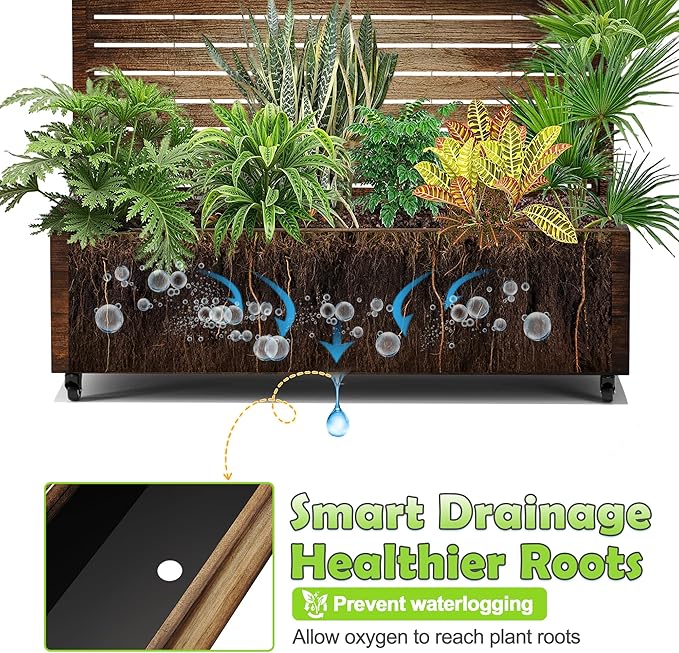 15.7"×70.9"×47.2" Metal Raised Garden Bed with Trellis and Wheels - Tall Trellis Planter Box for Climbing Plants, Vegetables & Vines - Outdoor Privacy Planters for Patio (Vintage Wood Grain)