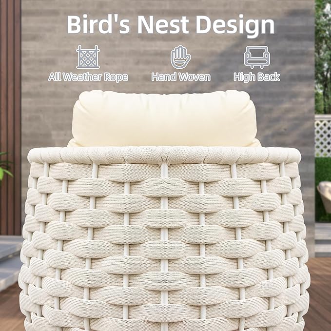 TWT Outdoor 4-Piece Conversation Set Rust Free Patio Furniture Set Already Assembled Compact-Weave Rope Olefin Modern Sofa Seating with Thick & Washable Cushions for Indoor, Backyard, Balcony, Cream