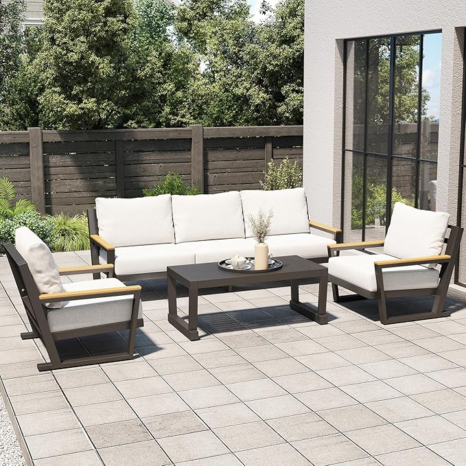 Aluminum Outdoor Sofa,4 Seats Modern Patio Furniture Set,Sectional Sofa Conversation Set with Coffee Table, Upgraded Washable Cushions for Garden Backyard,Grey