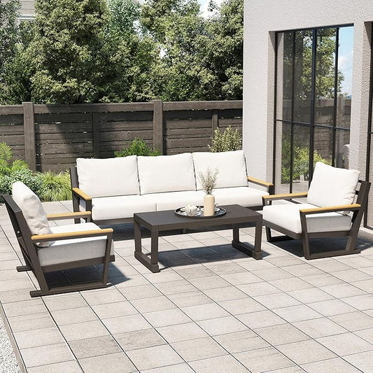 Aluminum Outdoor Sofa,4 Seats Modern Patio Furniture Set,Sectional Sofa Conversation Set with Coffee Table, Upgraded Washable Cushions for Garden Backyard,Grey