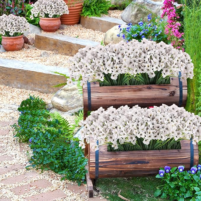 22 Bunches of Outdoor Artificial Flowers, UV Resistant Fake Flowers Artificial Silk Flowers with Plastic Plants for Indoor Outdoor Front Porch Hanging Planter Decoration (22, White)