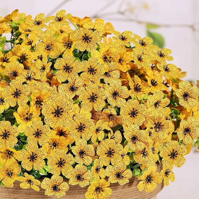 14 Bundles Artificial Flowers UV Resistant for Patio Outdoors Fake Faux Silk Plants Realistic Plastic Flowers Indoors Porch Window Home Decoration (14, Yellow)