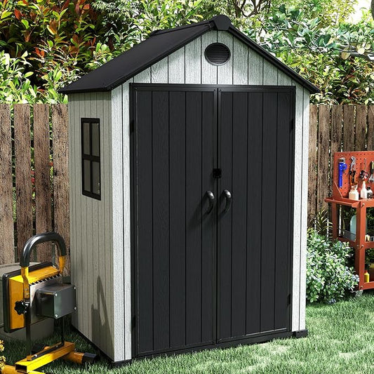 6x4 FT Resin Storage Shed,Lockable Door, and Vents for Garden, Backyard, Patio, Lawn,Grey Black
