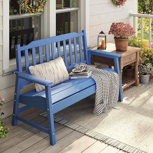 HDPE Outdoor 2-Person Bench, All-Weather Garden Bench with 700 lbs Weight Capacity, Patio Benches for Porch/Backyard/Park, Navy Blue