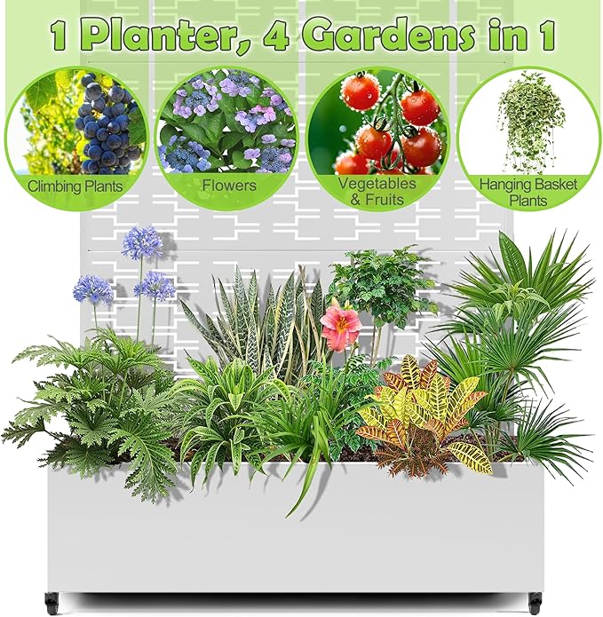 15.7"×70.9"×47.2" Metal Raised Garden Bed with Trellis and Wheels - Tall Trellis Planter Box for Climbing Plants, Vegetables & Vines - Outdoor Privacy Planters for Patio (White-Brick)