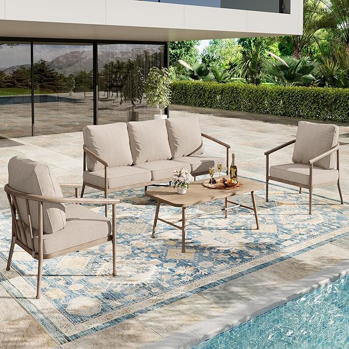 Outdoor Patio Furniture Set, 4-Piece Steel Patio Outdoor Conversation Sets with Washable Thick Cushions & Coffee Table, Windsor Outdoor Patio Sectional for Garden, Backyard, Balcony - Beige