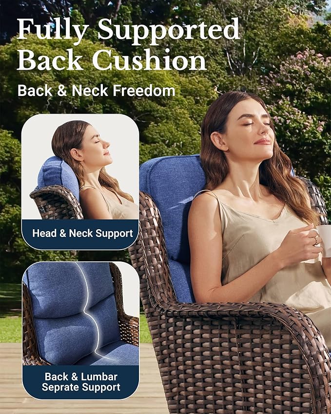 HILLGA Luxury Patio Furniture Set with 6-inch Thick Cushion, Outdoor Couch and High Back Swivel Rocker Patio Chairs, 8PCS Wicker Conversation Set for Deck Yard and Poolside, Blue (V2)