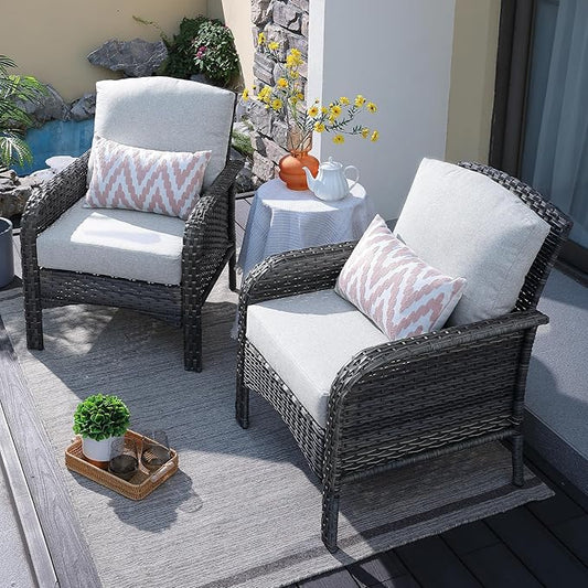 ovios 2 Pieces Patio Furniture Set, Outdoor Wicker Chairs of 2, All Weather High Back Rattan Chairs 2-Seater with Comfy Cushions for Porch Deck, Grey
