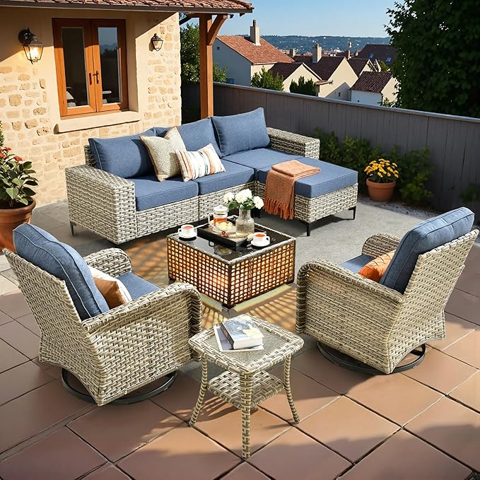 HOOOWOOO Outdoor Sectional Furniture Set,8 Pieces Wicker Patio Conversation Sets,L Shape All Weather Outside Couch Sofa Set with Swivel Chairs Solar Light Table Ottoman,Denim Blue
