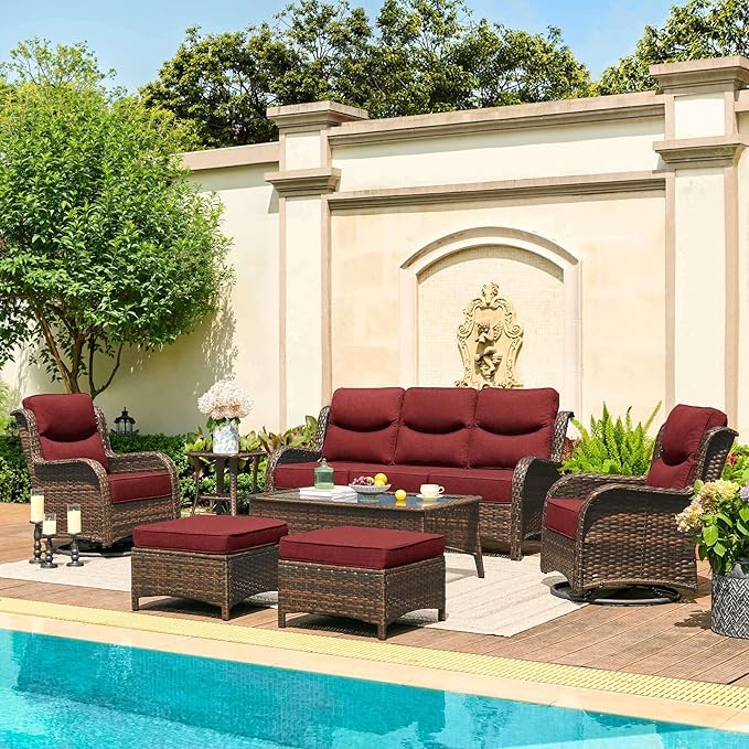 HILLGA Luxury Patio Furniture Set with 6-Inch Thick Cushions, High Back Outdoor Swivel Rocker Chairs and Patio Couch, 7-Piece All Weather Conversation Set for Porch Deck Pool Yard, Burgundy (V3)