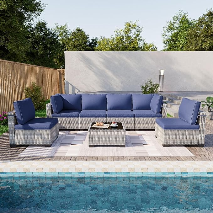 7-Piece Patio Furniture Set, Outdoor Sectional with Thick Cushions, Modular Patio Sofa, Dual-Strand Wicker Rattan, Rust-Resistant Frame, Backyard Furniture for Garden, Deck, Navy Blue