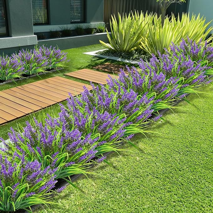 12 Bundles Artificial Plants Outdoor, 18.2" UV Resistant Faux Monkey Grass Greenery Stems No Fade Faux Plastic Flowers Shrubs for Home Weddings Garden Porch Front Patio Office Decor - Purple