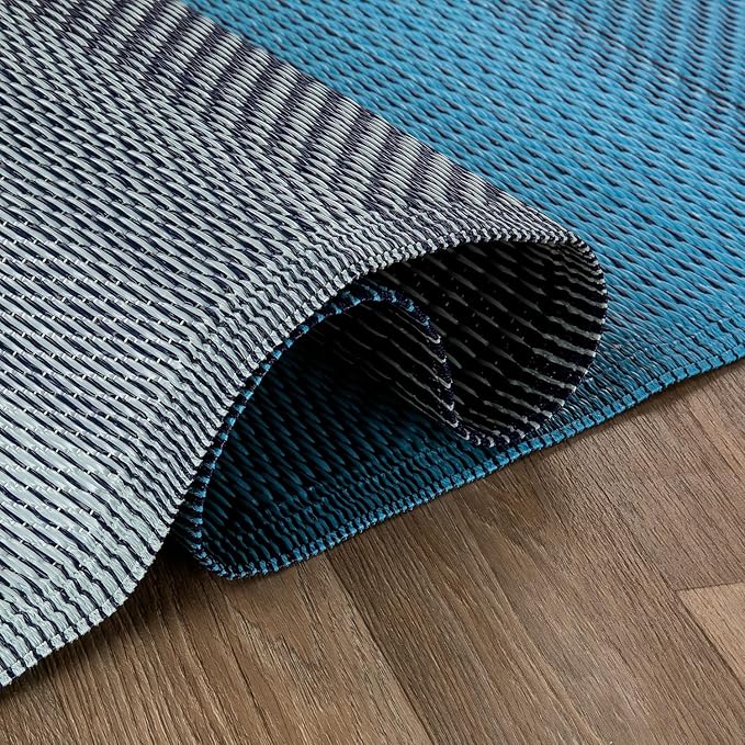 Rugshop Stripe Shade Reversible Crease-Free Waterproof Premium Recycled Plastic Outdoor Rugs for Patio,Backyard,RV,Deck,Picnic,Trailer,Beach,Camping,Sunroom Sky/Blue 7'10" x 10'