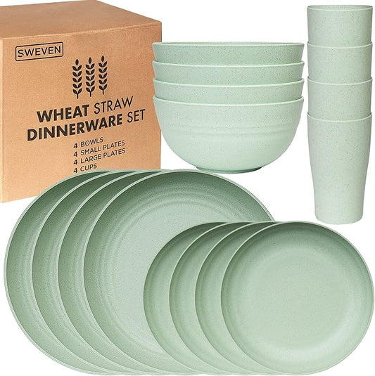 Wheat Straw Dinnerware Sets | Unbreakable Dinnerware Sets | Dishwasher Microwave Safe Dinnerware | Eco Friendly Non Breakable Dinnerware Sets | RV Outdoor Camping (Green, Service for 4 (16 pcs))