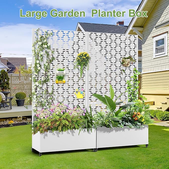 Raised Garden Bed with Trellis and Wheels,73"x35"x16" Metal Raised Garden Bed,White Squared Metal Planter with Climbing Trellis for Vines & Vegetables