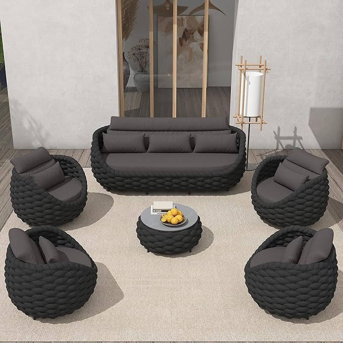 6-Piece Aluminum Patio Furniture Set, Modern Outdoor Conversation Set Sectional Sofa with Water Repellent Thick Cushions and Coffee Table for Balcony, Garden