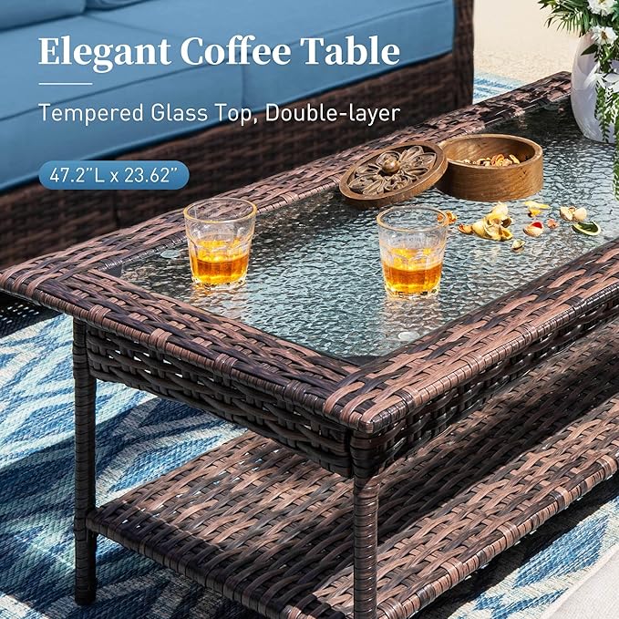Patio Furniture Set with Swivel Chairs, High Back Wicker Rattan Furniture with 5.5" Thick Cushions and Coffee Table, Outdoor Conversation Set for Backyard Deck,5 Seats, Blue