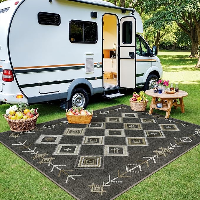 GENIMO Outdoor Rug for Patio Clearance, 8'x10' Reversible Plastic Straw Rugs, Lightweight Waterproof RV Camping Mat for Camper, Balcony, Deck, Backyard, Picnic, BlackBrown