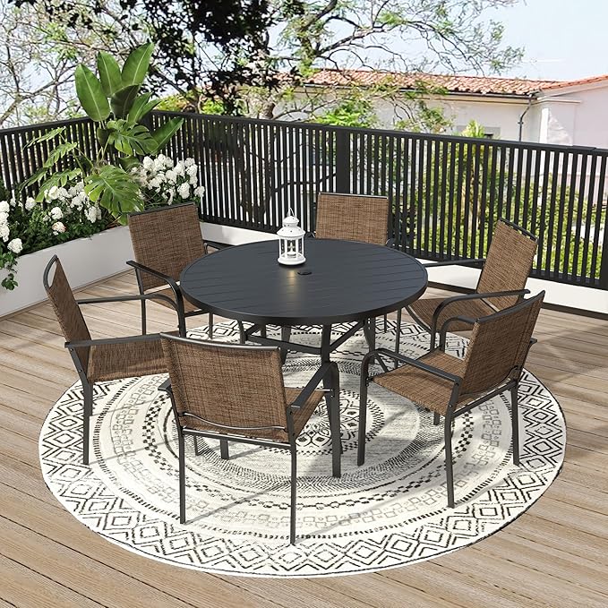7-Piece Patio Dining Set, 48-Inch Round Dining Table with 6 Stackable Chairs, All-Weather Brown Tan