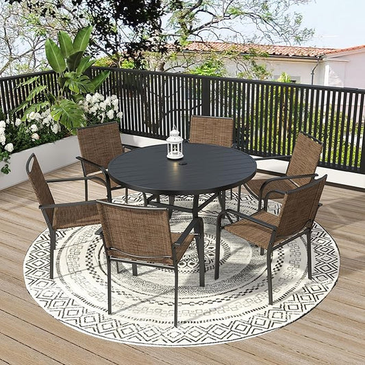 7-Piece Patio Dining Set, 48-Inch Round Dining Table with 6 Stackable Chairs, All-Weather Brown Tan