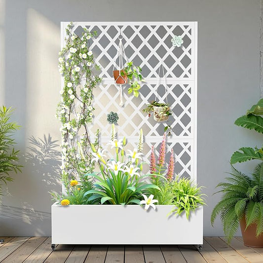 Metal Raised Garden Bed with Trellis and Wheels, 2 in 1 Trellis with Planter Box & Privacy Screen for Climbing Plants, Outdoor Standing Flower Beds with Drainage Holes, 47.2''L×15.7''W×70.9''H, White