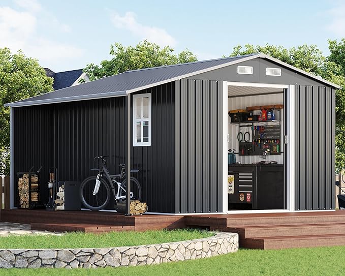 AMERLIFE 10.6x10.3x6.3 FT Galvanized Metal Storage Shed with Open Firewood Storage Area, Sliding Doors & Ramp, 2 Windows & Vents, Weather-Resistant Outdoor Tool/Garden Shed, Dark Gray