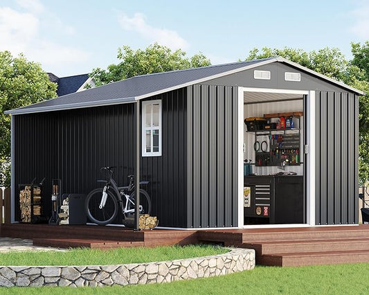 AMERLIFE 10.6x10.3x6.3 FT Galvanized Metal Storage Shed with Open Firewood Storage Area, Sliding Doors & Ramp, 2 Windows & Vents, Weather-Resistant Outdoor Tool/Garden Shed, Dark Gray