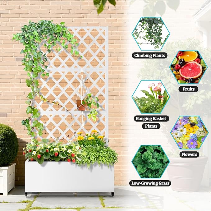 Metal Planter Box with Trellis, Planter Box with Privacy Screen, Privacy Trellis Outdoor for Climbing Plants with Drainage Holes, Raised Garden Bed with Wheels