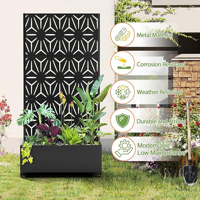 Raised Garden Bed with Trellis and Wheels,73"x35"x16" Metal Raised Garden Bed,Black Star Metal Planter with Climbing Trellis for Vines & Vegetables