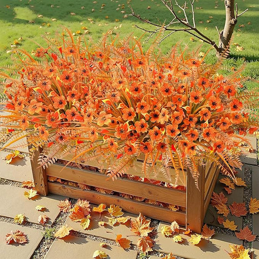 Uieke 72PCS Artificial Mums for Outdoors Fake Fall Outdoor Violet Flowers Orange Calla Lilly and Autumn Ferns No Fade for Outside Window Box Porch Planters Garden Decor