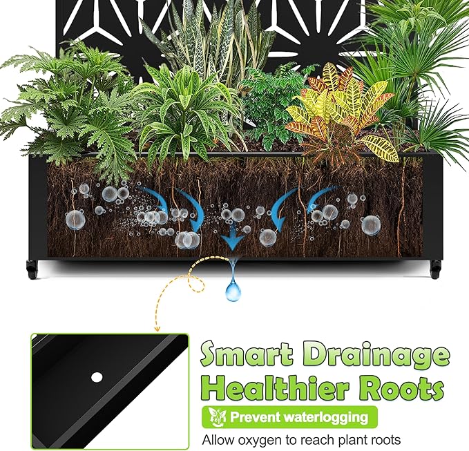 15.7"×70.9"×47.2" Metal Raised Garden Bed with Trellis and Wheels - Tall Trellis Planter Box for Climbing Plants, Vegetables & Vines - Outdoor Privacy Planters for Patio (Black-Star)