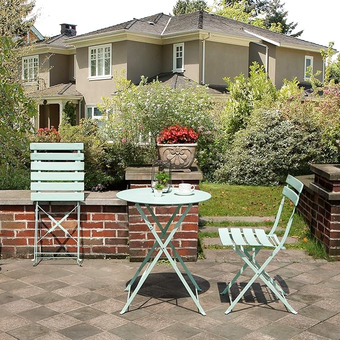 Grand patio 3-Piece Steel Foldable Bistro Set, 2 Chairs and 1 Table, Weather-Resistant Outdoor/Indoor Conversation Set for Patio, Yard, Garden-Macaron Blue