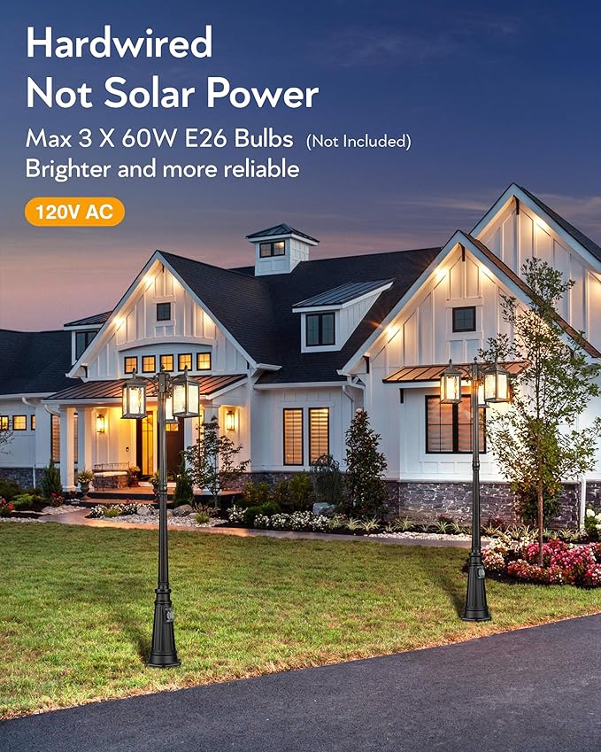 VIANIS Outdoor Lamp Post Light with Outlet, Waterproof Dusk to Dawn Lamp Posts Outdoor Lighting 3-Head, Anti-Rust Black Street Light for Garden, House, Doorway, Weather Resistant