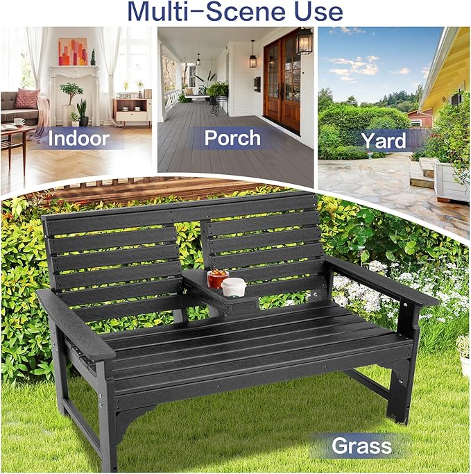 Outdoor Bench Weatherproof - HDPE 2-Person Garden Bench with Cup Holders, Bench Furniture with Backrest and Armrests, 700 lbs Capacity, Patio Park Bench for Front Porch Backyard Park (Black)