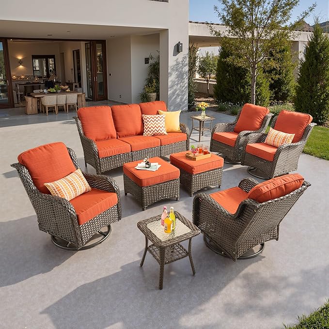 ovios 9 Pieces Patio Furniture Set, Outdoor Wicker Sofa Couch with Swivel Chairs Ottomans Comfy Cushions, All Weather High Back Modern Conversation Sets, Brown Rattan, Orange Red